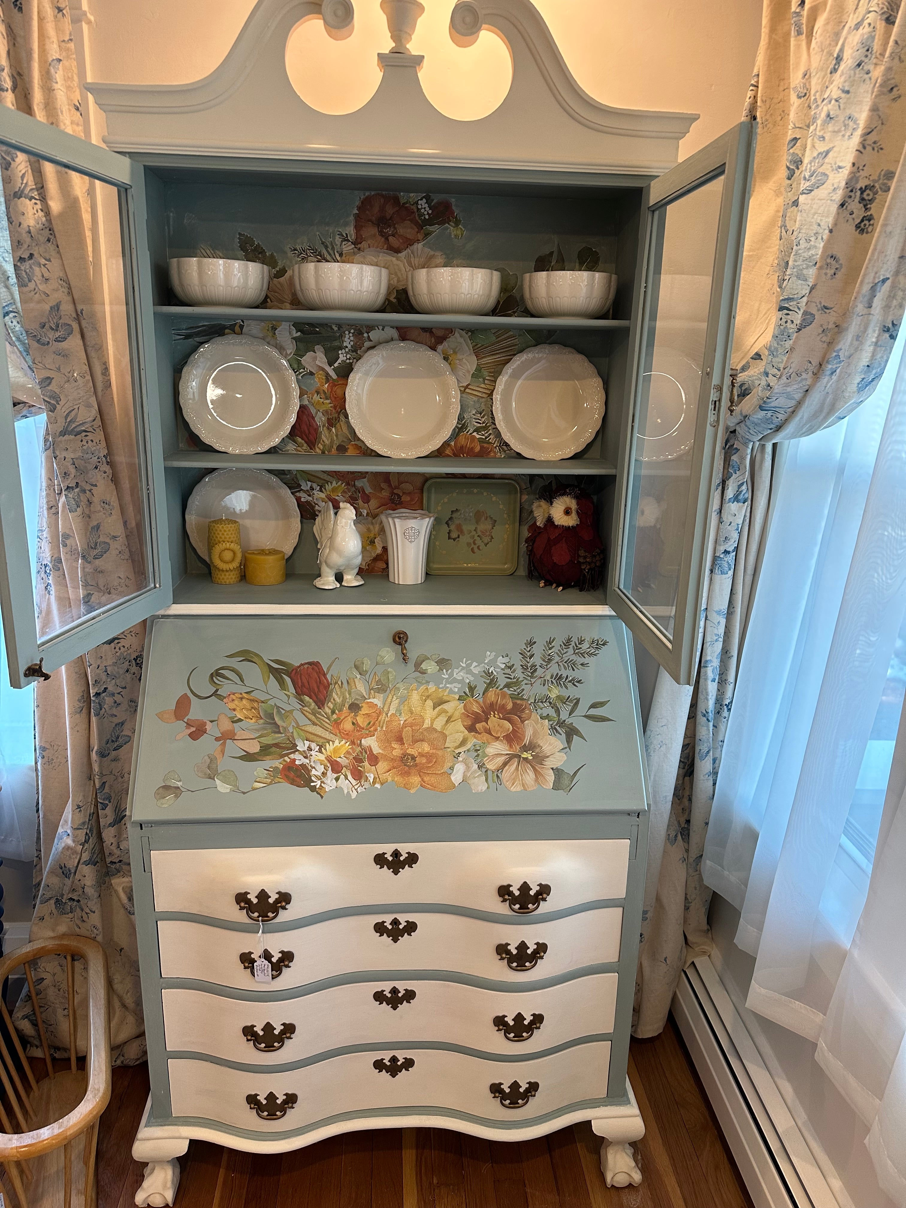 Enchanting Floral Serpentine Secretary Desk & Hutch