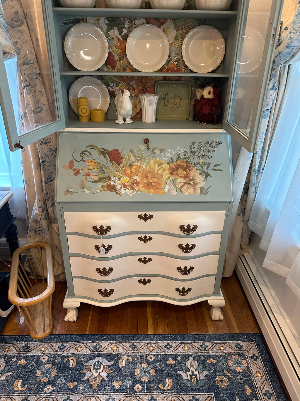 Enchanting Floral Serpentine Secretary Desk & Hutch