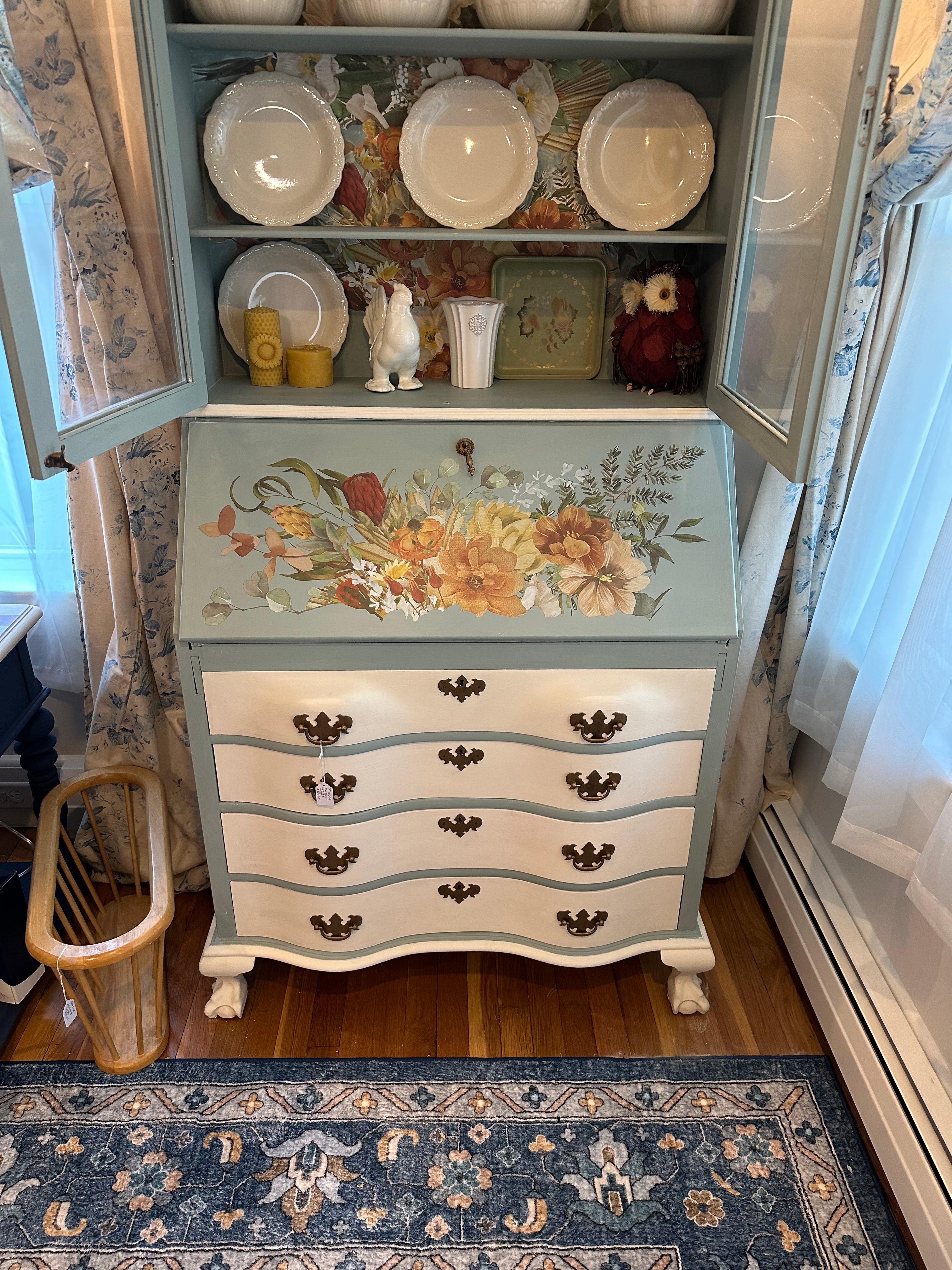 Enchanting Floral Serpentine Secretary Desk & Hutch