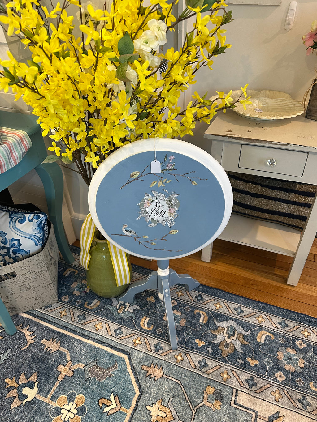 Whimsical Bird & Botanical Pedestal Side Table