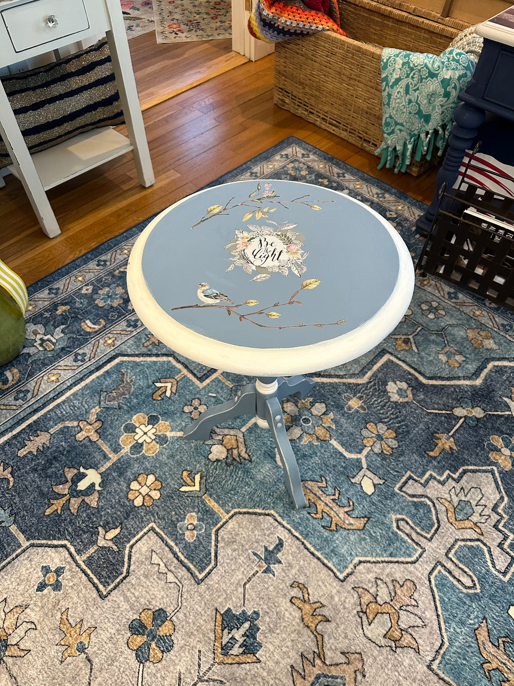 Whimsical Bird & Botanical Pedestal Side Table