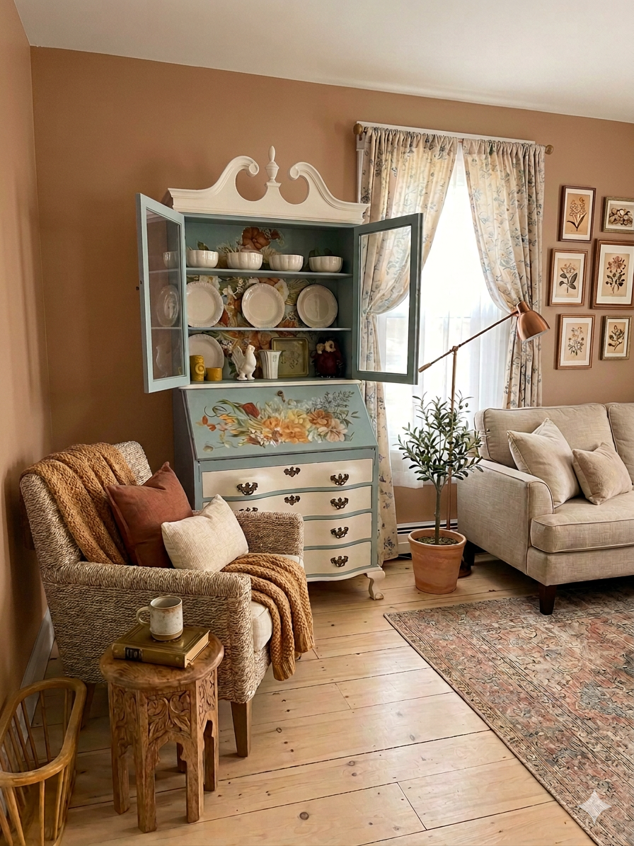 Enchanting Floral Serpentine Secretary Desk & Hutch